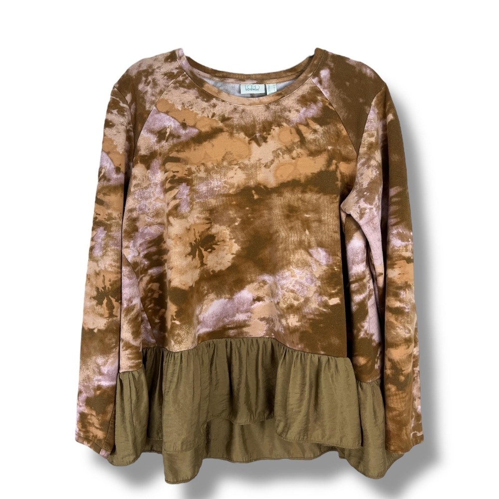 LOGO Lounge Pullover Womens Medium Tie Dye Ruffle Hem Long Sleeve‎ Top Sweater
